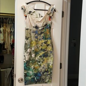 Black Halo watercolor midi dress